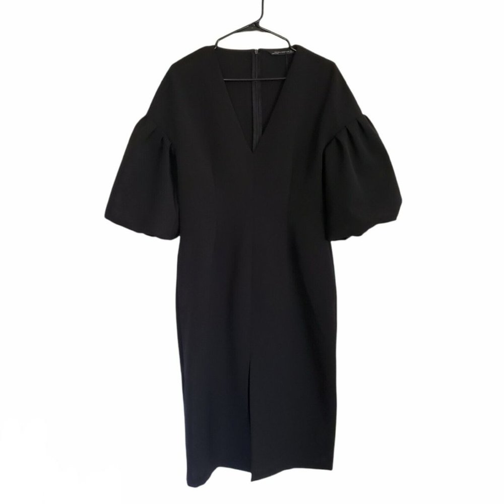 Zara Woman V Neck Big Puff Sleeve Midi Dress Size L Black - Picture 2 of 7